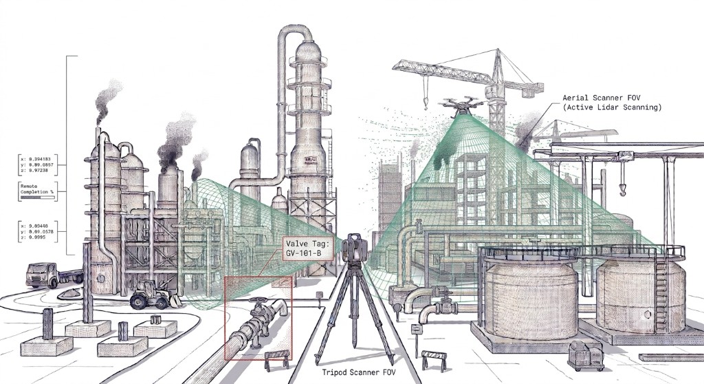 Reality capture overlay on a process plant with tripod and aerial lidar scan fields, tagged valve GV-101-B, and remote completion data