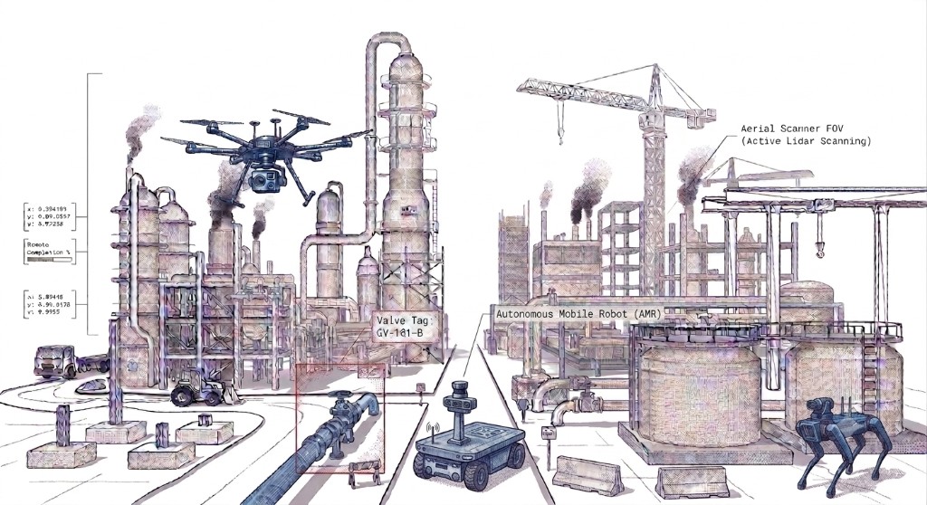 Inspection robots on a process plant site including an aerial lidar drone, an autonomous mobile robot, and a quadruped robot with tagged assets